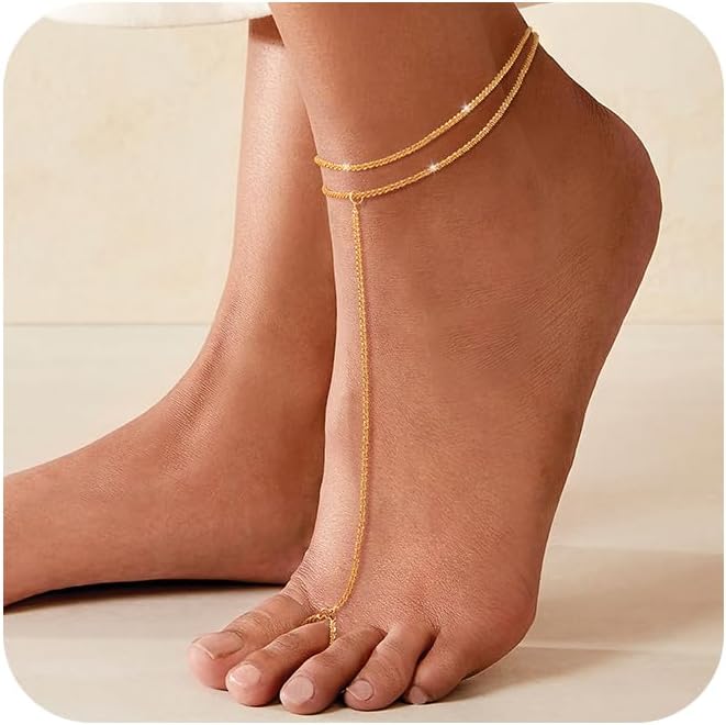 Robaice Ankle Bracelets for Women, Glitter Waterproof Adjustable Anklet for Women, 14K Gold Plated/Sterling Silver Layered Anklets, Summer Beach Anklet Jewelry for Women Gift - Image 1